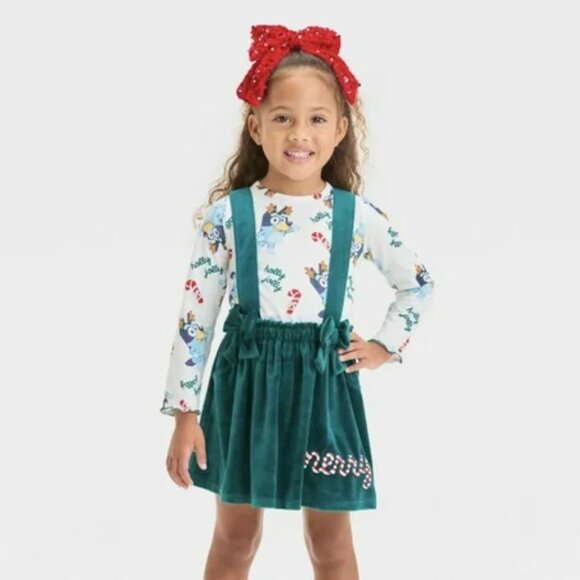 Toddler Girls' Bluey Christmas 2pc Long Sleeve Top and Skirtall Set - Green - Picture 1 of 10